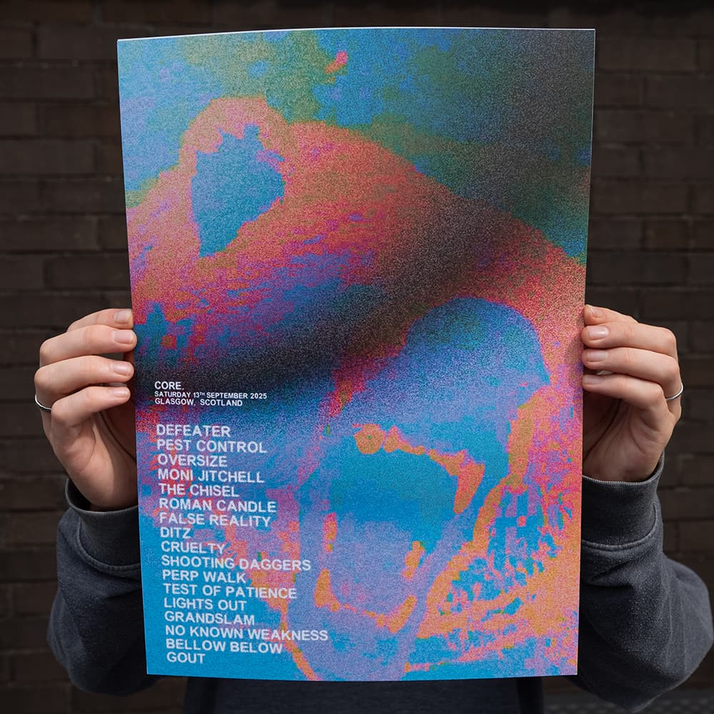 Core Saturday 2025 screen print poster with a blue, pink and orange skull design